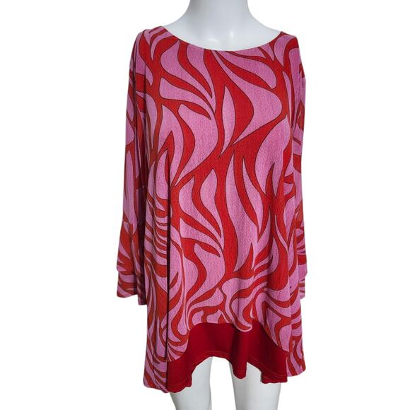 Calessa L Blouse Swirl‎ Print L Pink & Red Tiered Ruffle Sleeve Tunic Flame Fire - Picture 5 of 11